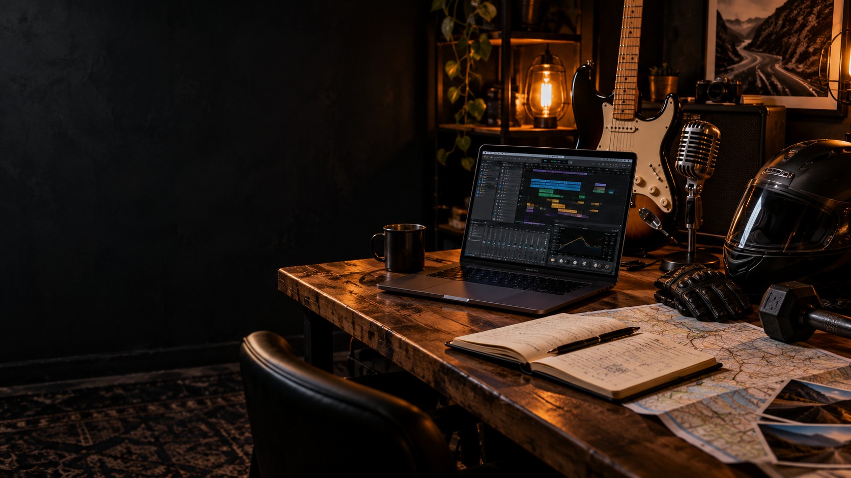 Guitarra, micrófono, portátil, mapas y casco de moto en un estudio con luz cálida