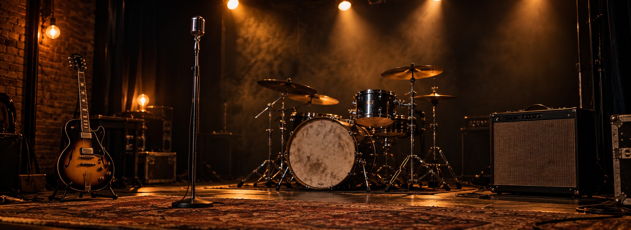 Un escenario con guitarra, micrófono y batería, listo para que empiece la música