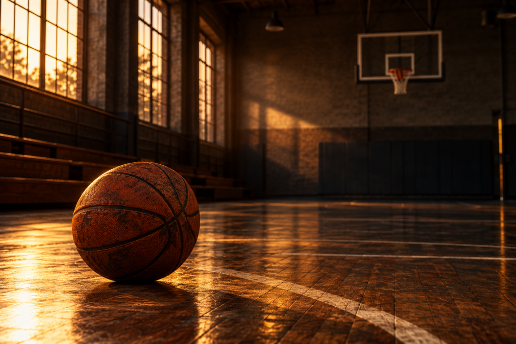 Un balón de baloncesto sobre una pista iluminada por la luz cálida de la tarde