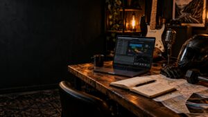 Portátil y proyectos en un estudio creativo