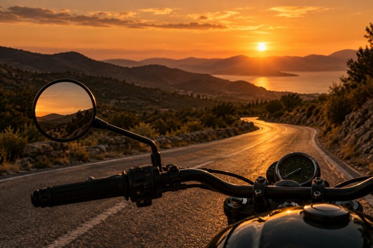 Ruta en moto al atardecer