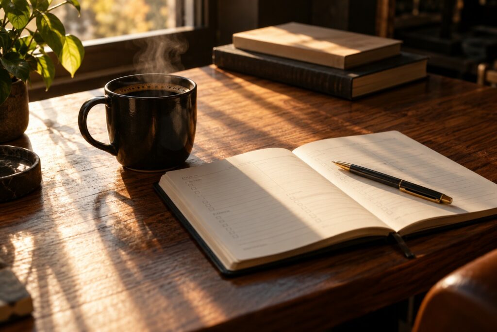 Cuaderno de planificación y café